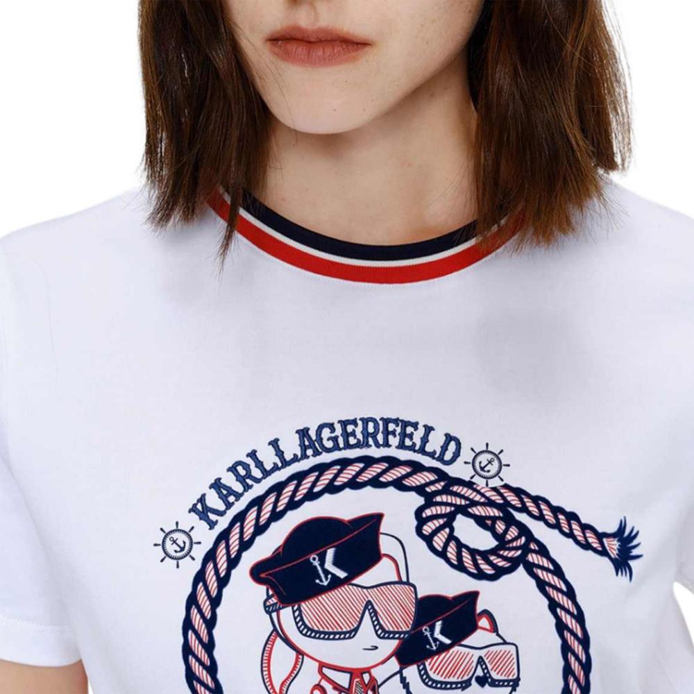 Karl Lagerfeld Sports Outdoor Commuting Light Luxury Printed Pattern Velour Short Sleeve Regular T-Shirt Women Tops White M21L1721