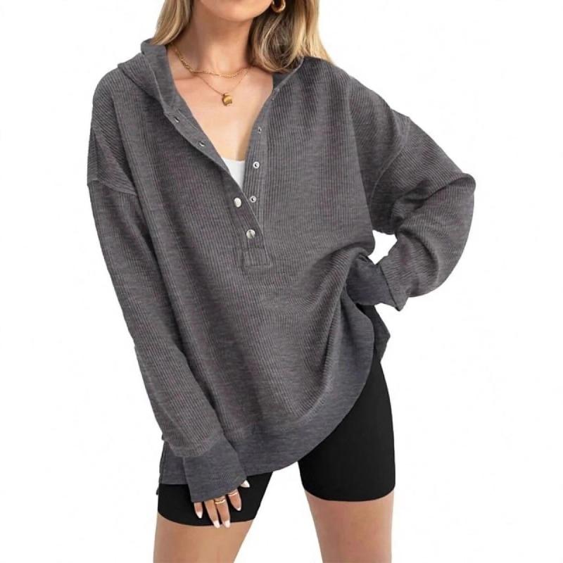Women s Waffle Knit Henley Hoodie Oversized Long Sleeve Pullover S