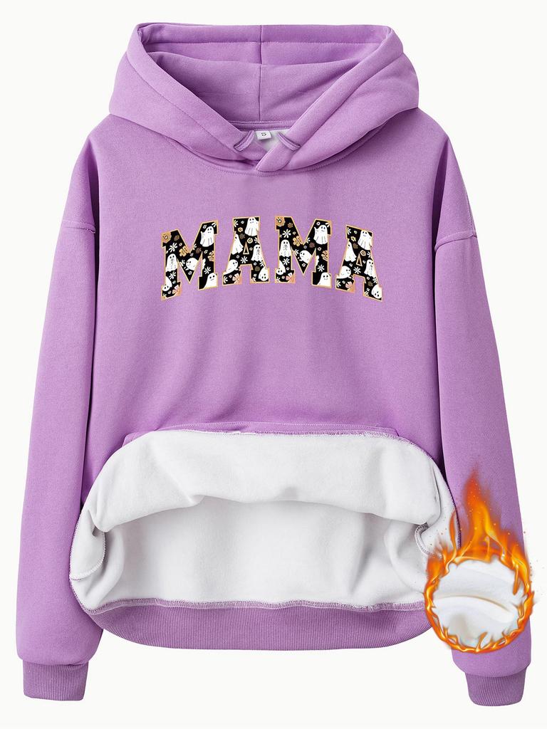 European & American Women's Fleece-Lined Hooded Sweatshirt with Kangaroo Pocket, MAMA Print - Autumn/Winter