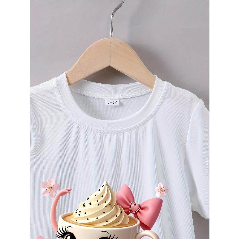 European Sizes Girls' Summer Short-Sleeve Cartoon 'Cappuccino Ballerina' Print T-Shirt