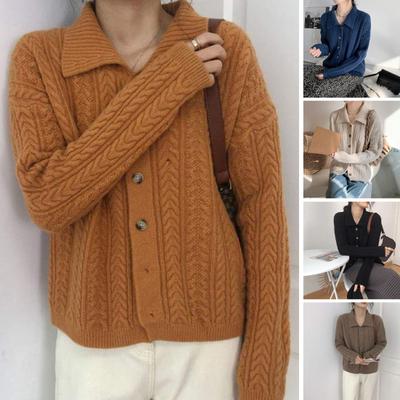 Women Fall Winter Sweater Coat Knit Thick Single-breasted Solid Color Buttons Long Sleeve Warm Soft Cardigan Lapel Short Lady Jacket Knitwear