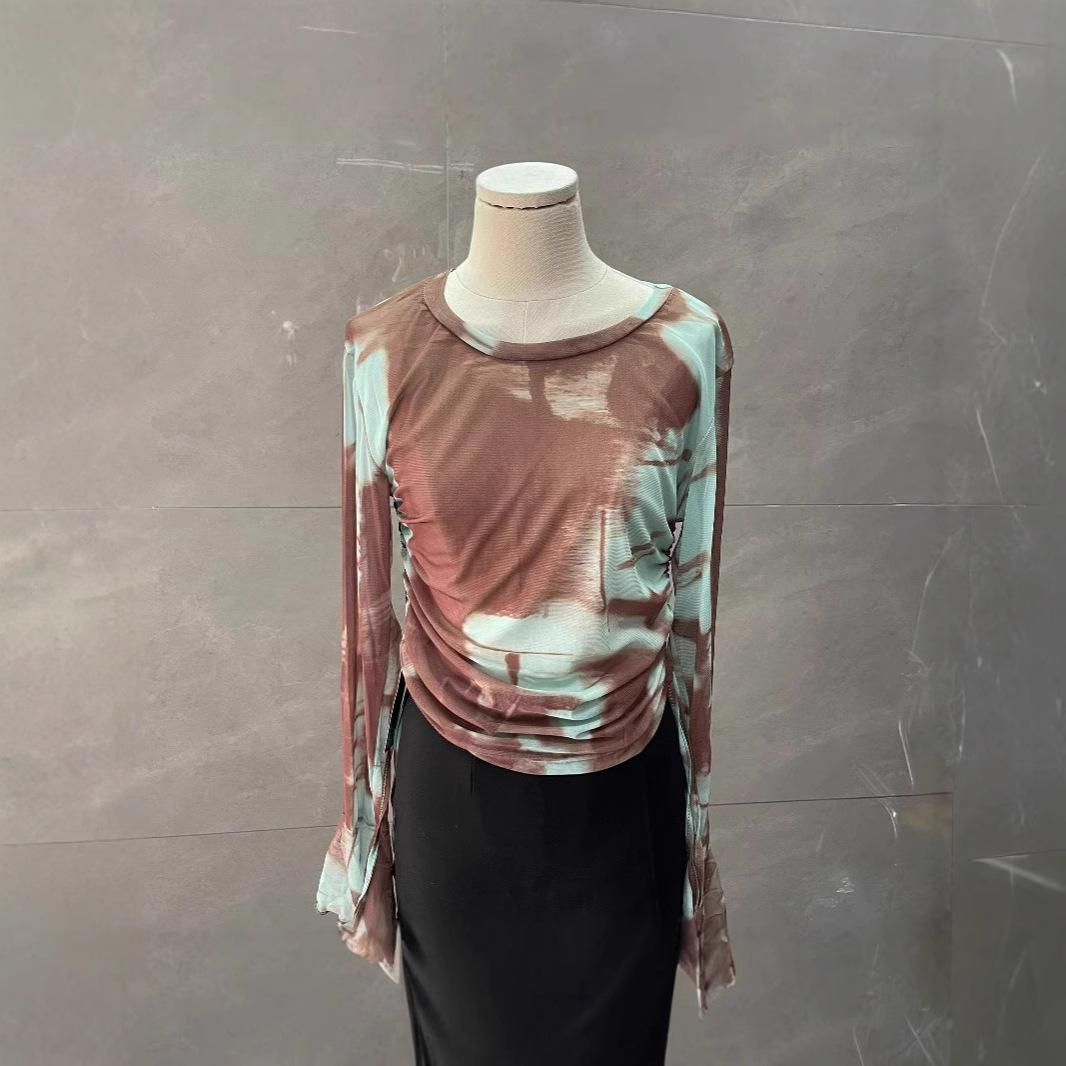 

Spicy Girl Tie-Dye Bell Sleeve Slim Mesh T-shirt - Summer Design S ~95 lbs