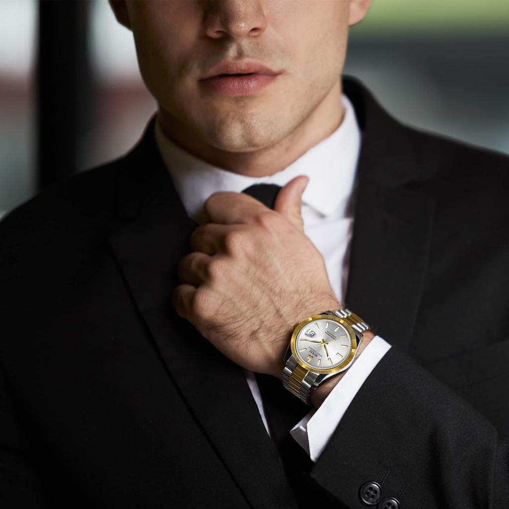 BUREI Men's Waterproof Quartz Analog Watch, Simple and Popular for Business and Fashion, Silver and Gold Luminous Finish, Perfect As a Birthday Gift