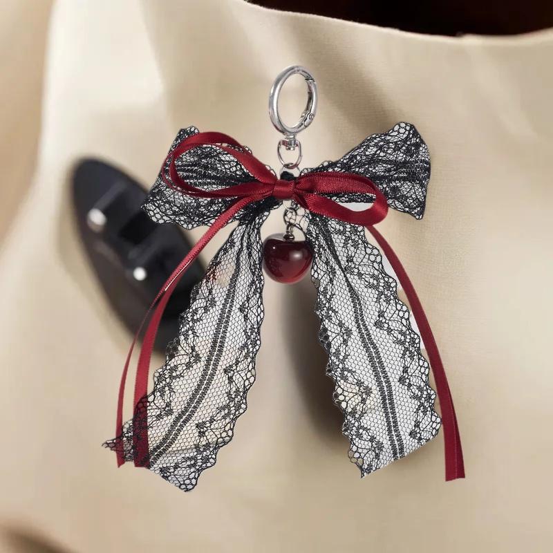 Lace bow Keychain Hollow Red Ribbon Cherry Y2k Fashion Design Charm Delicate Backpack Key Chain Valentine's Day Gift Accessories