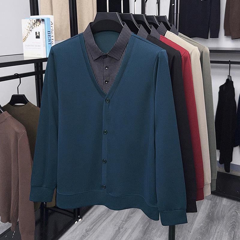 Men's Fake Two Piece Polo Shirt Casual Fashion Long Sleeve Collar T-shirt Versatile Top