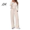 Breathable Matching Sets Women Top Pants Set for Spring Fall, Slim Fit Crewneck Sweatshirt, Everyday Wear Suit Elastic Waist Loose Wide