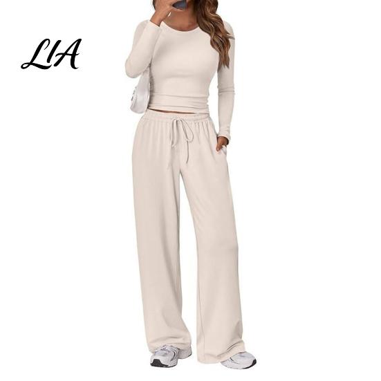 Breathable Matching Sets Women Top Pants Set for Spring Fall, Slim Fit Crewneck Sweatshirt, Everyday Wear Suit Elastic Waist Loose Wide