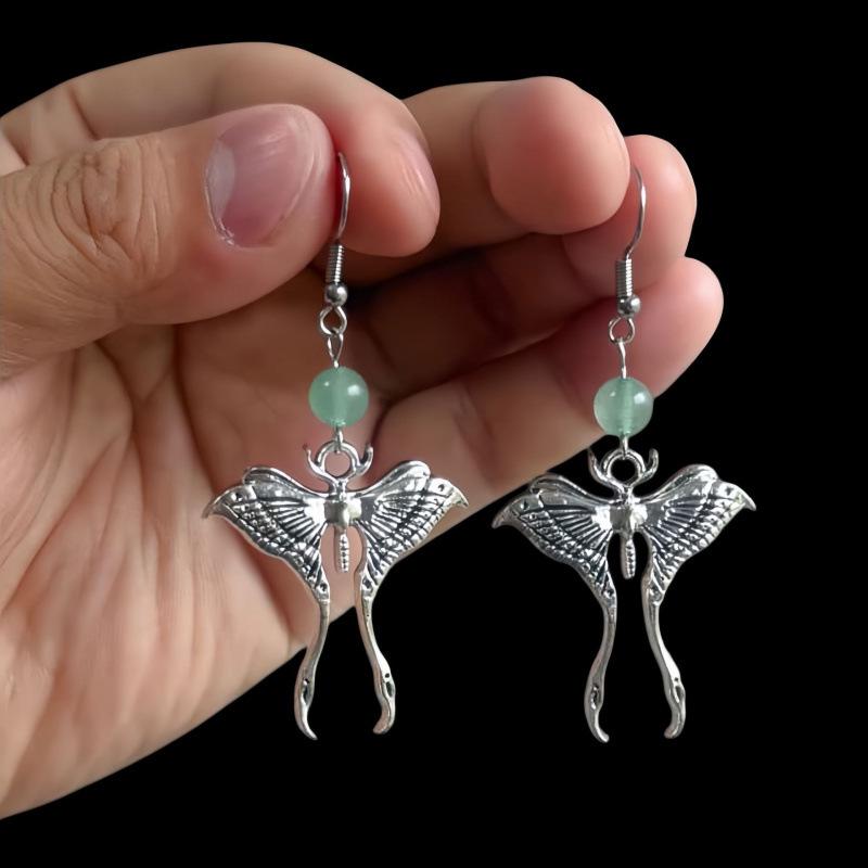Bohemian Gothic Retro Ancient Silver Jade Moth Earrings Gift