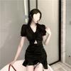 Design Sense V-neck Pleated Short-sleeved Temperament Dress Women's Summer Retro Niche Waist Hip-wrapped Ruffle Skirt