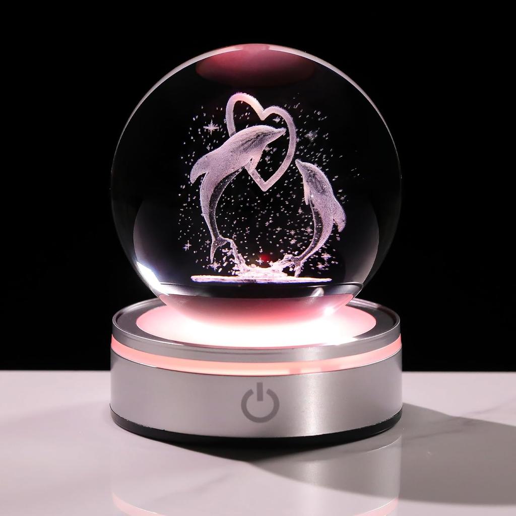 Glob de cristal cu delfin și inimă gravat cu laser 3D, lumină de noapte romantică cu LED, figurine animale marine, decor, lampă sferă de sticlă, cadouri