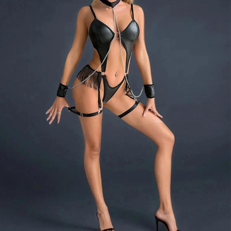 Body Fetish Sexy Nero Pelle PU Lingerie Porno Manette Frange Bambola Sessuale Corpo Sensuale Scollo a Catena Pancia Scoperta Kit Danzatrice del Ventre Alta Qualità