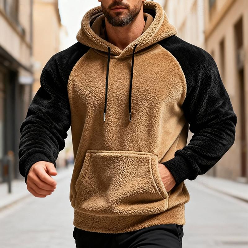 Winter Men Fleece Hooded Sweatshirt Long Sleeve Match Colors Shoulder Cuff Hoodies Trendy Big Size Light Weight Outerwear M-2XL M&Pack of 1