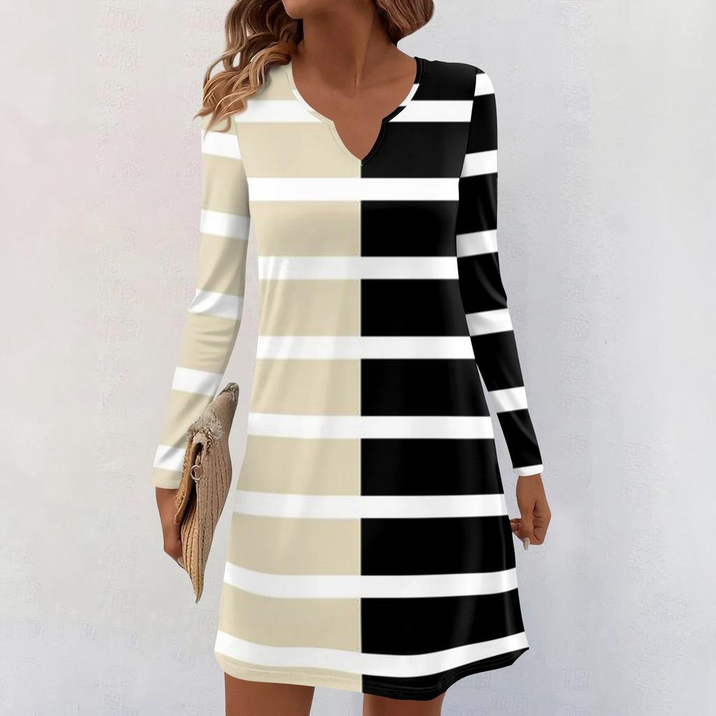 Women's Long-sleeved Casual Midi Dresses V-Neck Print  Casual Dress