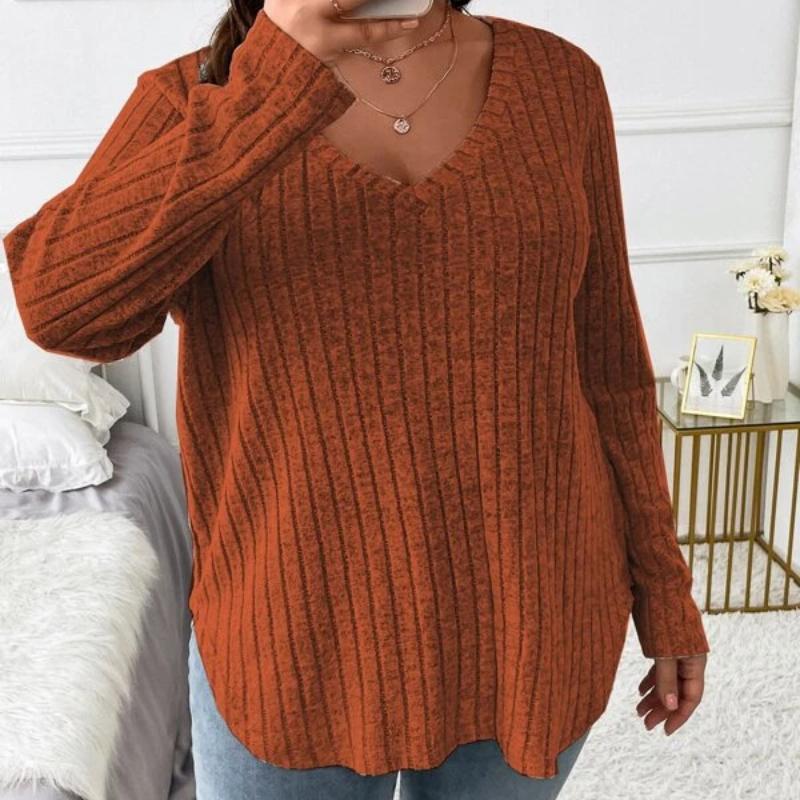 

BITCED Осенне-зимние однотонные женские топы больших размеров с V-образным вырезом и длинными рукавами в полоску, износостойкая футболка, свободный пуловер XXXXXL кирпич красный