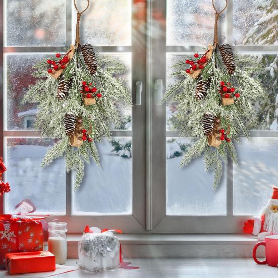 Yousheng Christmas Teardrop Swag for Front Door Artificial Snow Flocked Swag Wreath with Pine Cones Red Berry for Indoor Outdoor Staircase Wall Decor