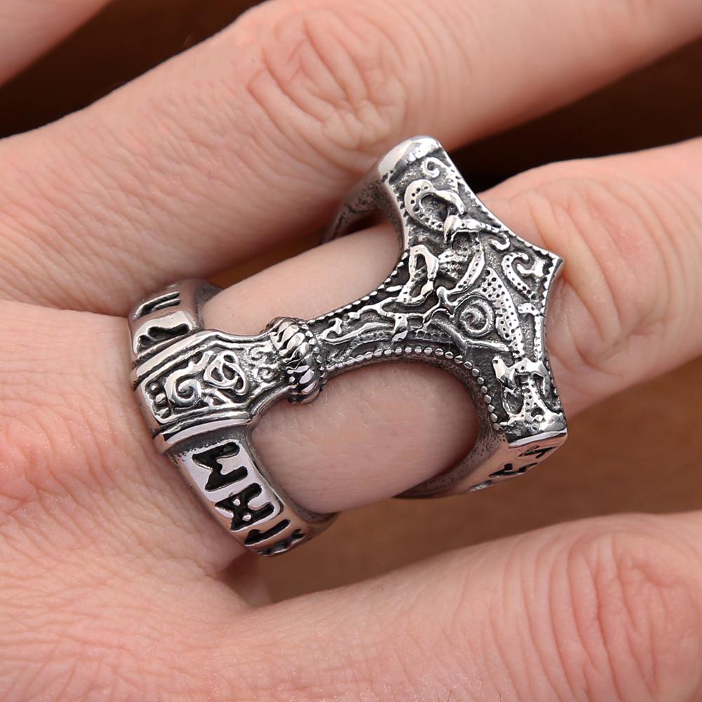 Classic Vintage Viking Thors Hammer Ring For Men Stainless Steel Nordic Odin Rune Rings Fashion Amulet Jewelry Gift