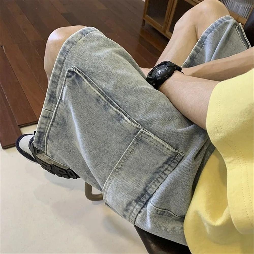 Blue Denim Shorts Men's Summer Thin Tooling Hong Kong Style Loose Big Pocket Washed Five-point Casual Pants