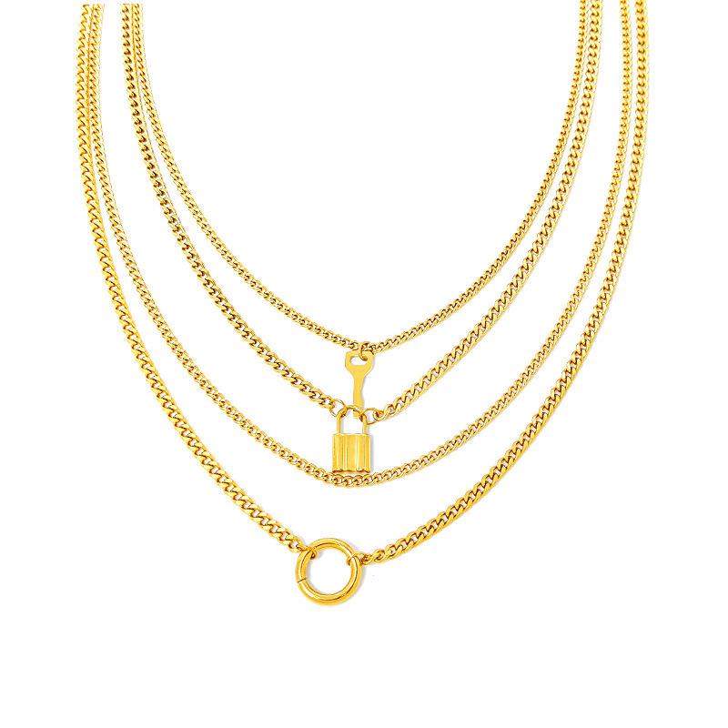 Women's Retro Multi-layer Necklace with Round Ring & Heart Lock Charm - Thick Clavicle Chain Accessory