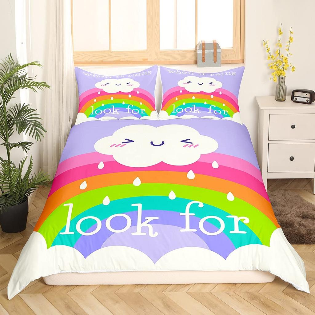 Cartoon Rainbow King Queen Duvet Cover Kids Girls Colorful Clouds Bedding Set Love Heart Comforter Cover Polyester Quilt Cover