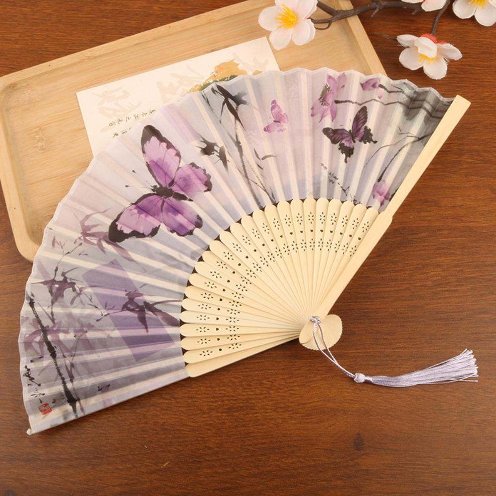 Elegant Silk Material Vintage Silk Folding Fan Chinese Style Bamboo Frame Hand Fan Vintage Dance Fan Dance Performance