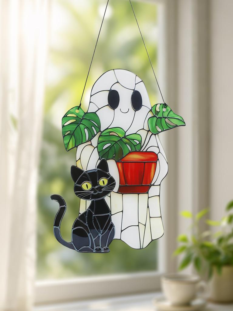 Cute Halloween Ghost Hanging Decor Acrylic Black Cat & Potted Plant Decortive Sun Catchers Window Ornament for Home & Party Gift