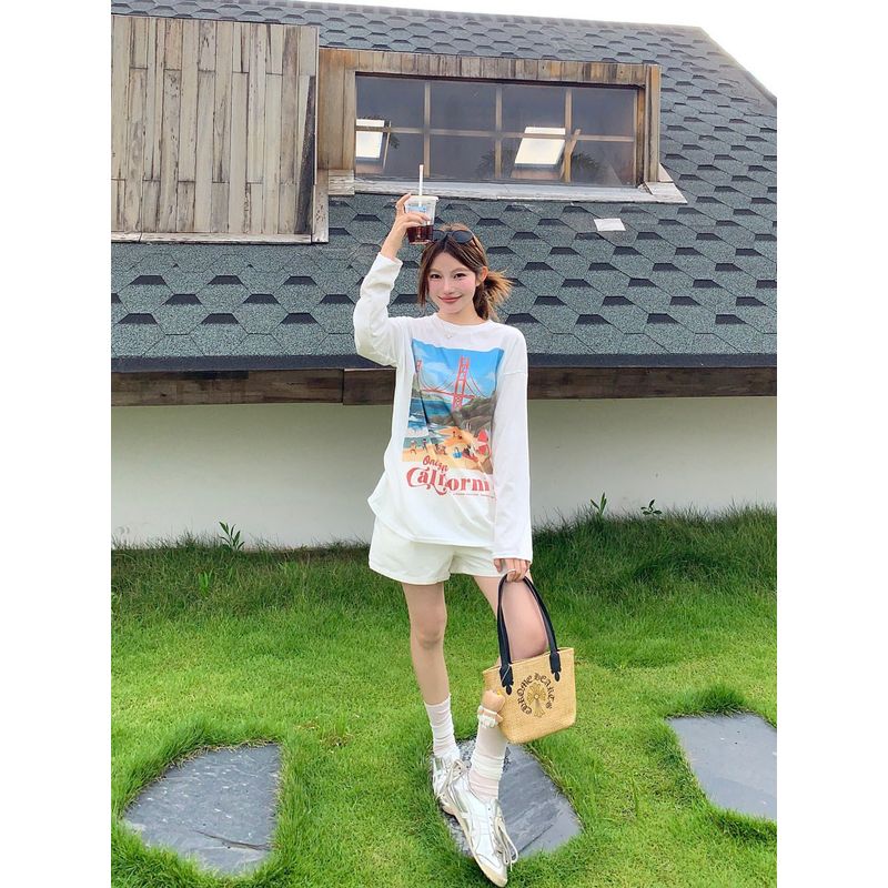 Kumikumi Casual Suit Printed Loose Long Sleeves T-shirt Women Fall White High-Waist Wide Leg Shorts Two-piece Set