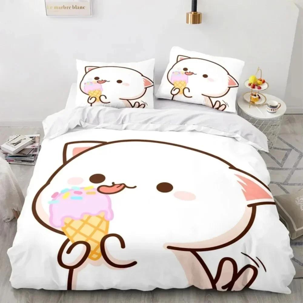 3D Print Cartoon Lovely Peach Cat 3D Duvet Cover Bedding Set Comforter Linen Pillowcases Home Decor Single Double King Queen