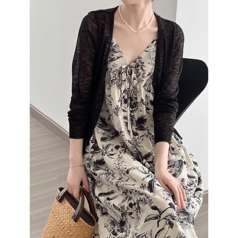 Ink Print V-neck Halter Dress Summer Lazy Style Long Floral Dresses