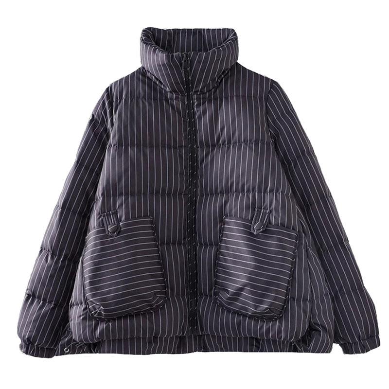 Retro striped down jacket women's 2024 winter literary thickened stand-up collar small white duck down bread jacket tide
