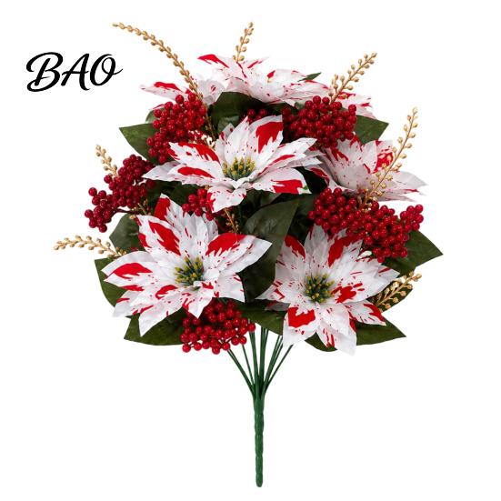 Vibrant Lush Fake Plant Decor 5/7/10/12 Heads Artificial Poinsettia Flowers, Christmas Floral Berry Centerpiece, Outdoor UV Resistant Greenery