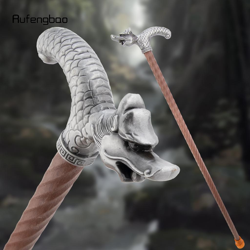 Silver Dragon Wooden Single Joint Fashion Walking Stick Decorative Cospaly Cane Halloween Mace Crutch Wand Crosier 95cm