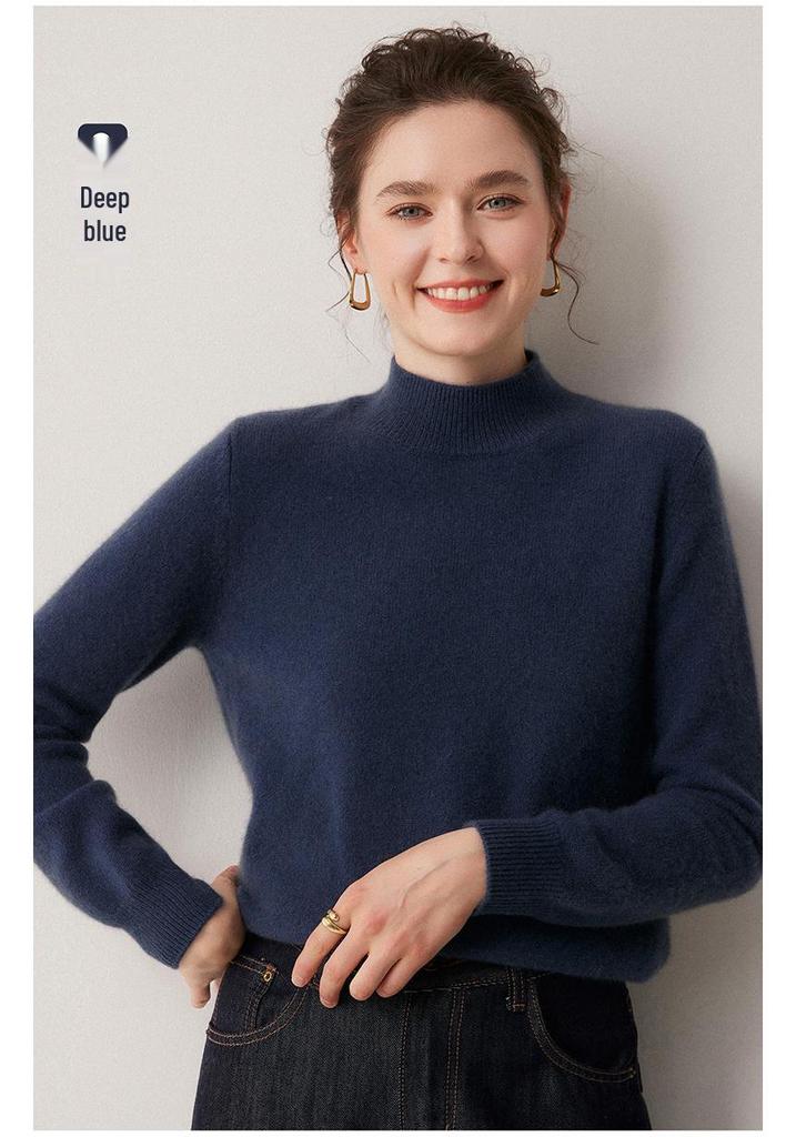 Women's 100% Cashmere Thickened Long Sleeve Sweater - Half-High Neck, Versatile Knit Base Layer for Autumn/Winter