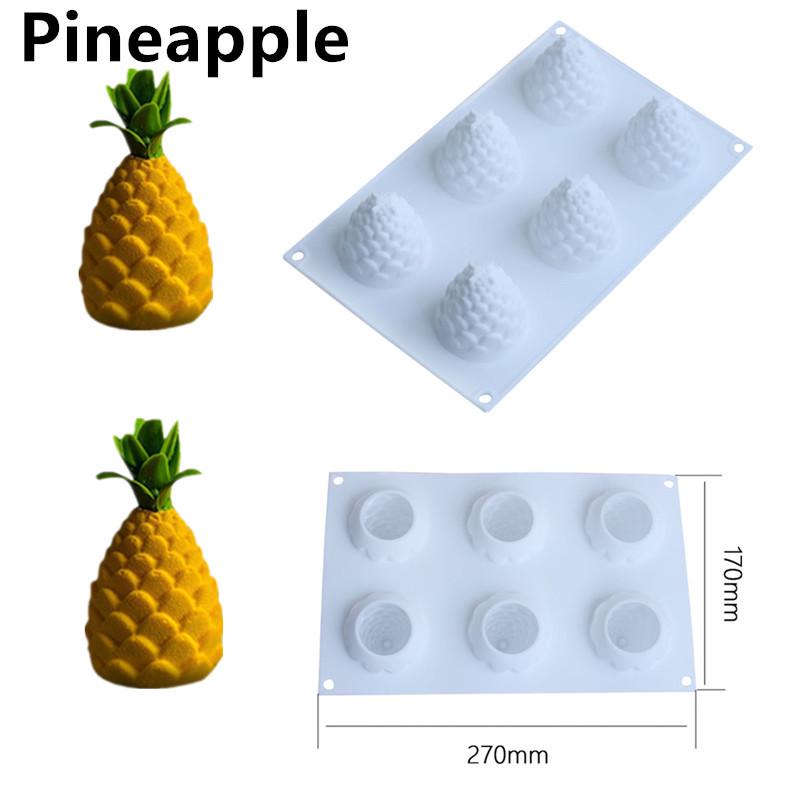 3D Fruchtmousse Silikon Kuchenformen: Birne, Apfel, Ananas, Pfirsich, Durian, Himbeere.