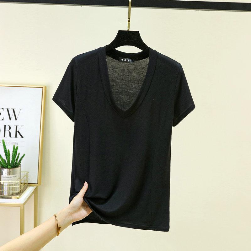 Plus size L to 6XL Modal V-Neck T-shirt Short sleeved Tees Women Ultra-thin Layering Top solid color base layer tops