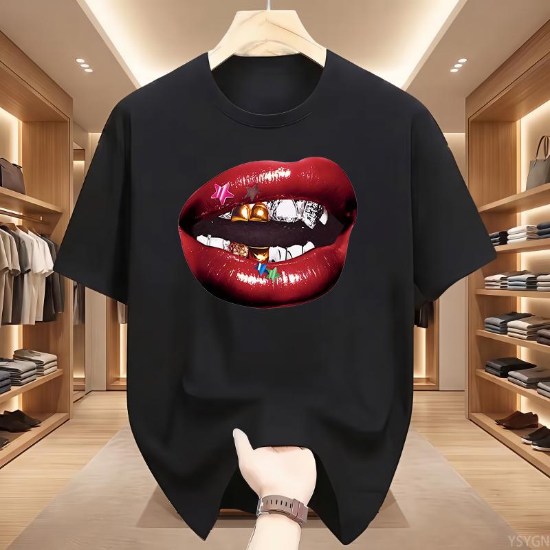 American Personalized Lip Pattern Pure Cotton Printed Unisexs And Unisexs Clothing Summer New Casual Loose Fashion Tshirt