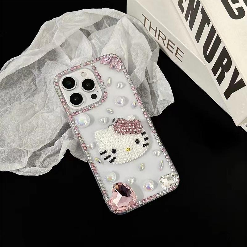 

Rhinestone Laser Pearl Kt Cat Mobile Phone Case For Iphone16Promax Transparent Apple 15 Luxury Women S 13 iPhone 7/8/SE 2020