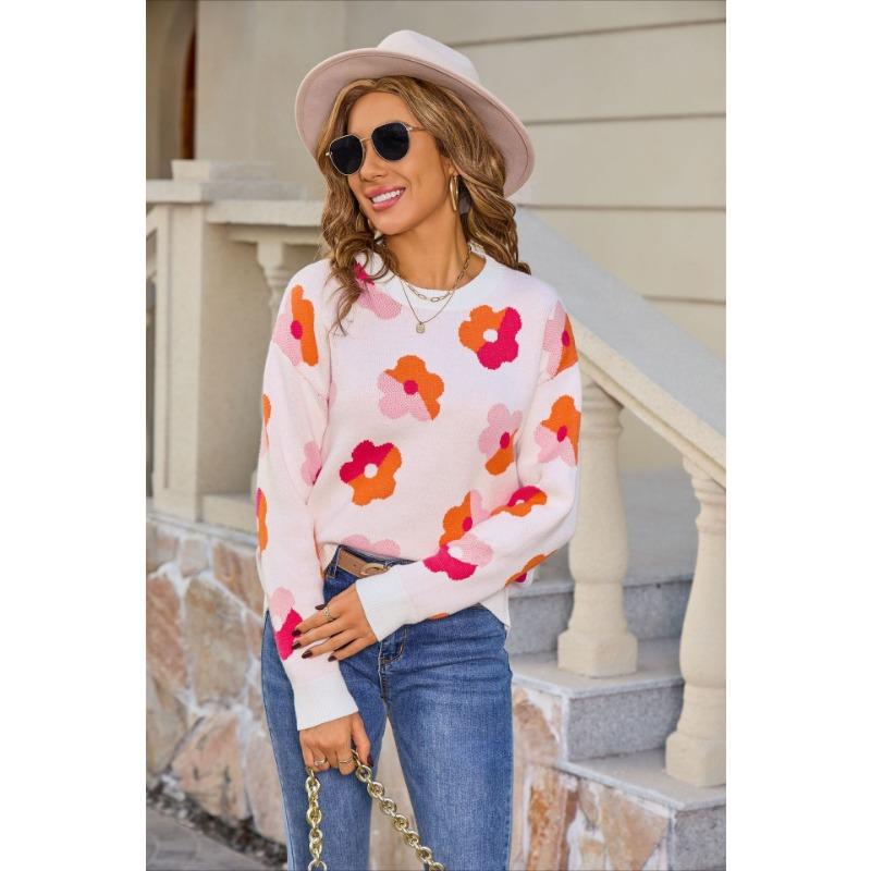 Autumn and Winter Large-sized Women's Sweater, Flower-patterned Long-sleeved Round-neck Knitted Sweater, Fashionable Base Layer