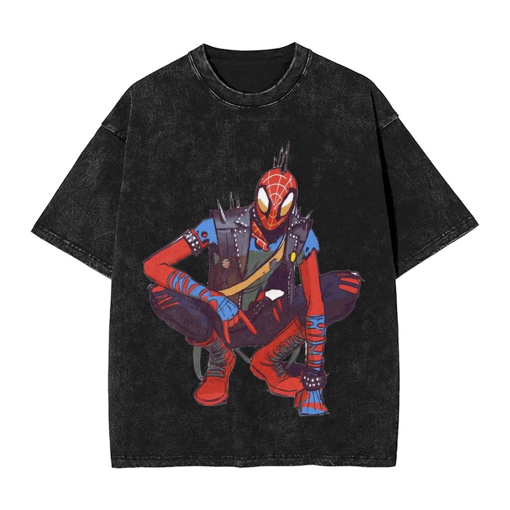 Hot-blooded Anime Spider Punk Spiderman Cartoon Graphic Print T-Shirt Men Women Vintage Washed Cotton Summer New Tee Harajuku Fashion Oversized Top