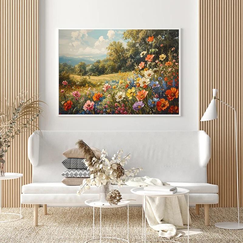 Wildflower Field Cat Sparrow Farm House Painting Posters and Prints Canvas Printing Rustic Retro Wall Art Picture for Home Decor