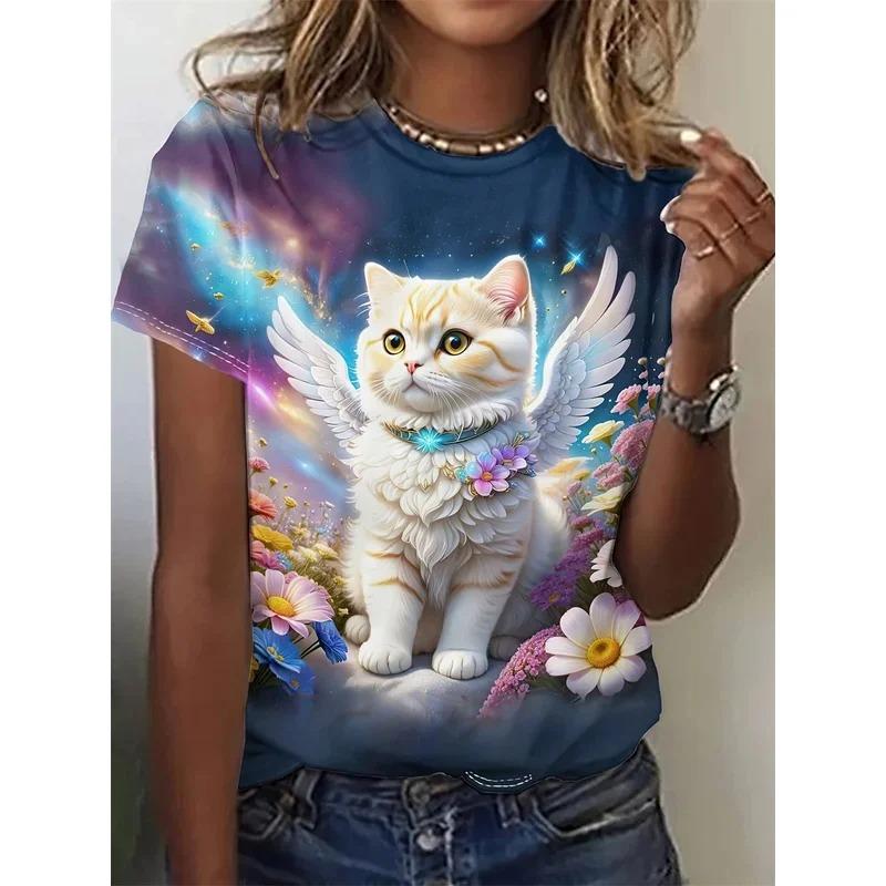 Summer Round Neck 3D Cat Print Top Fashionable Casual Short Sleeved Women's T-shirts