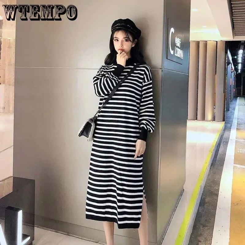 Rolák Pletené šaty Pruhované Dámské Svetr Dlouhý rukáv Volný Rozdělený Spodní Šaty Dojíždění Harajuku Podzim Zima