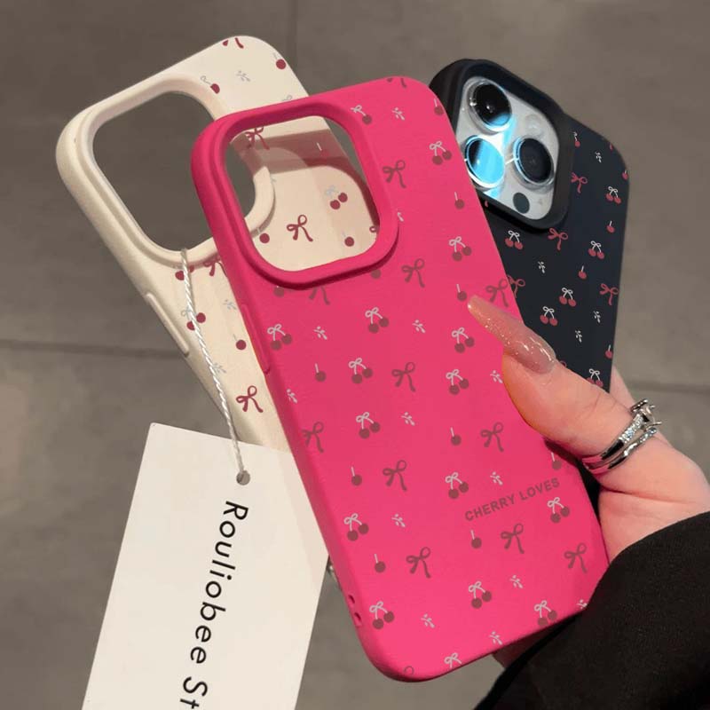 Cherry Blossom Lichee Pattern Silicone Phone Case For iPhone 16 Pro Max 15 14 Plus 13 12 11 XS X XR 16e With a Bow Design Cover