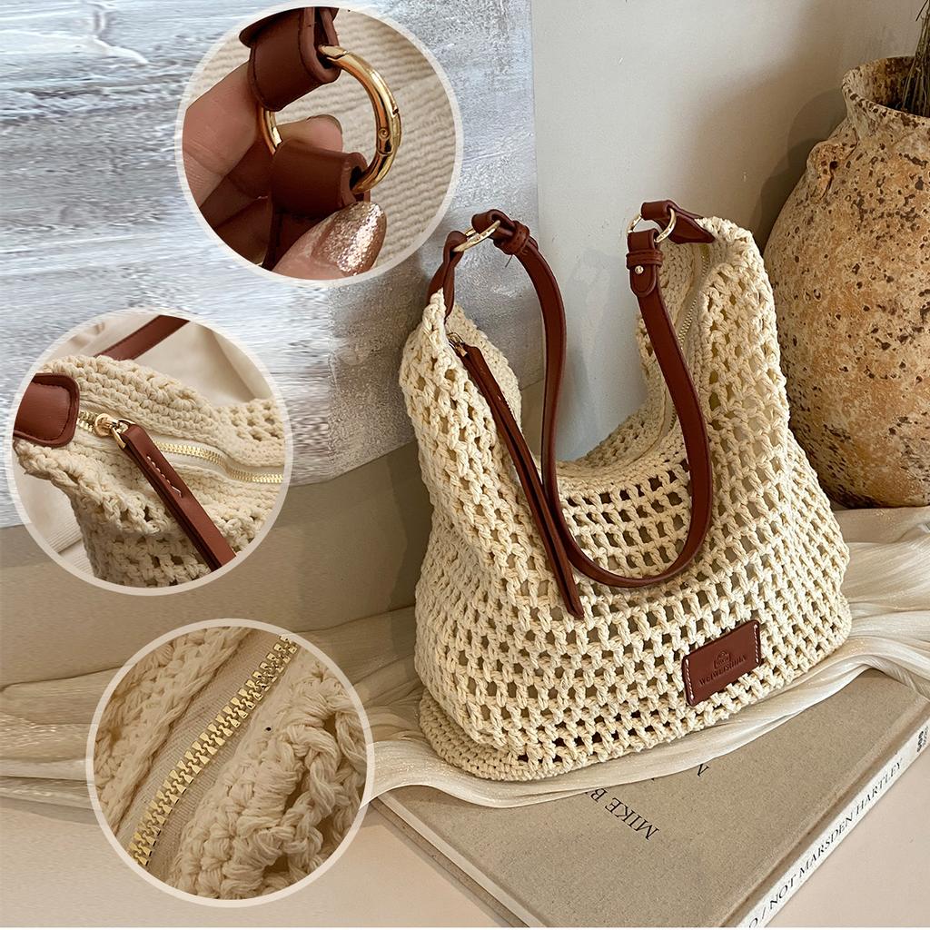 Straw Tote Bag Shoulder Bag Women'S  New Summer Woven Beach Bag Hollow Bag Women'S Beach Vacation Travel Handmade Shopping Commuting Shopping School