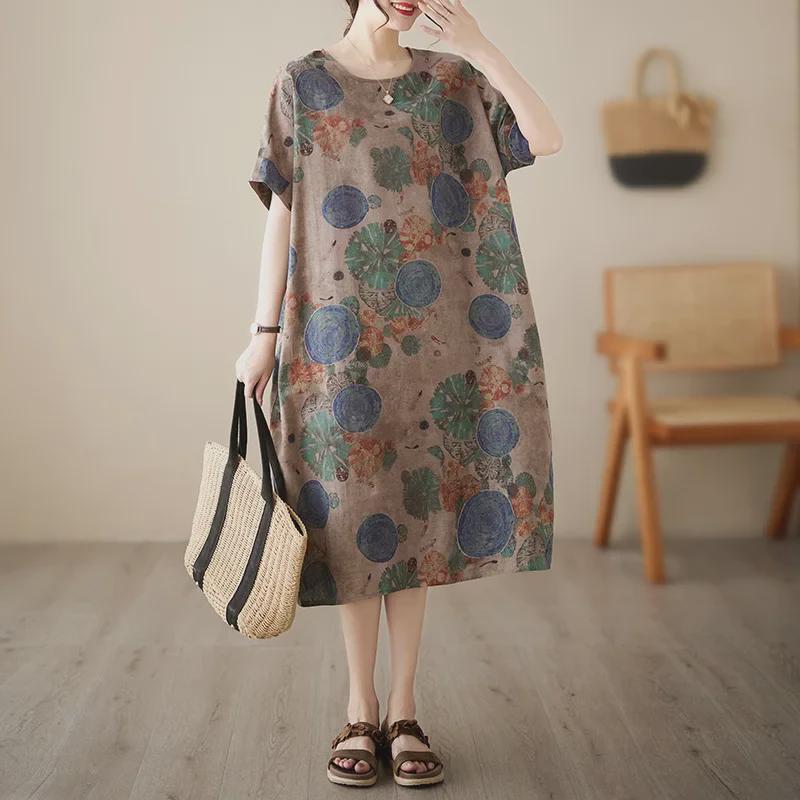 2023 Summer Plus Size Cotton Linen Print Dress - Retro Ethnic Style for Women