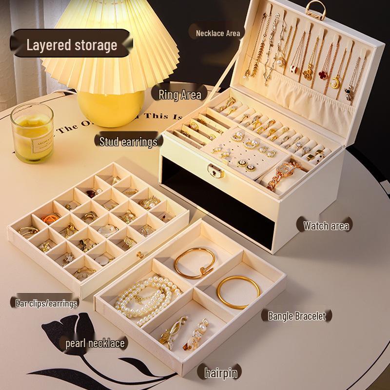 Three-Layer Leather Jewelry Box with Lock - Large Capacity, Dustproof, Multifunctional Storage