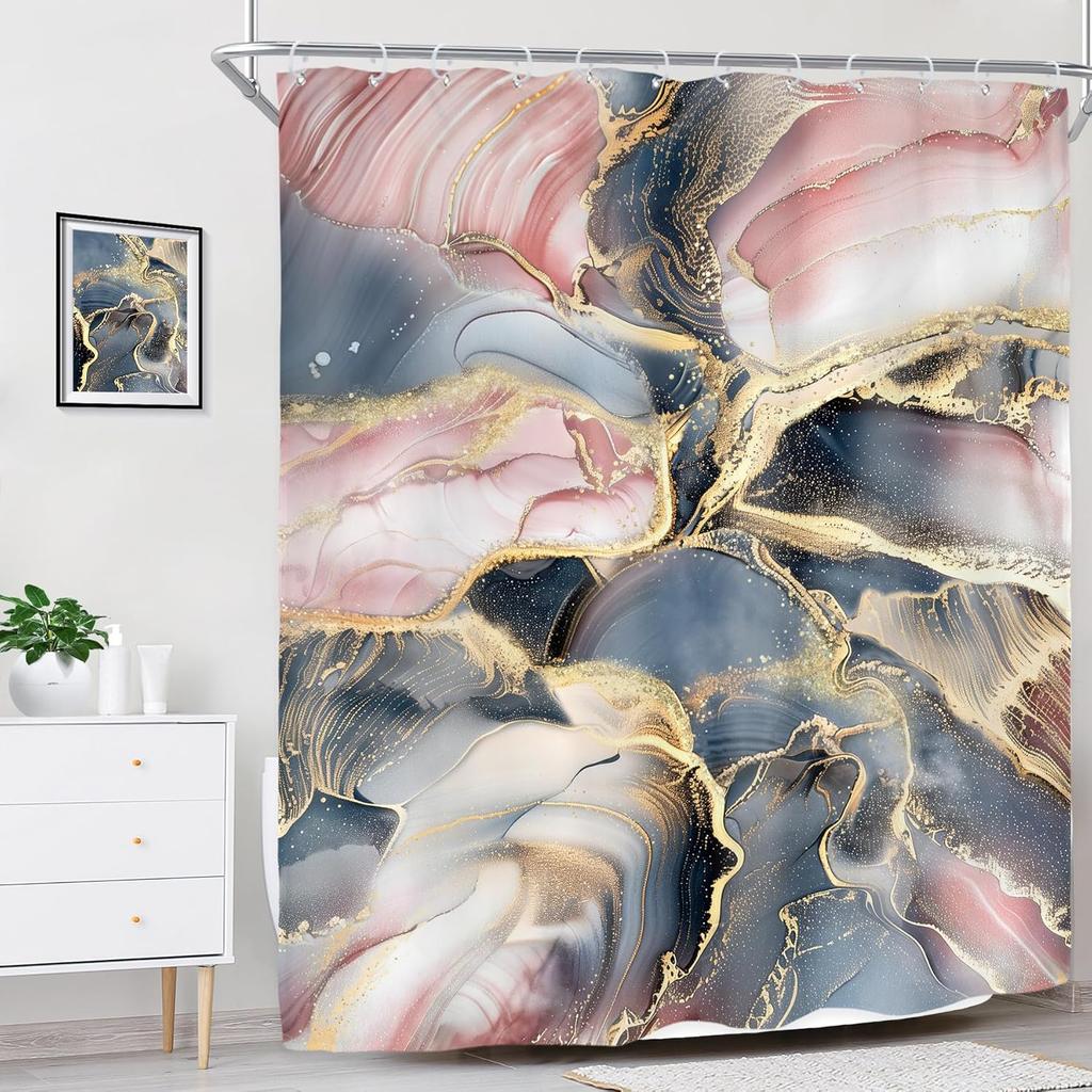 Navy Blue Pink Rose Gold Marble Abstract Shower Curtain for Bathroom Decor Modern Purple Marble Ombre Luxury Texture Geometric