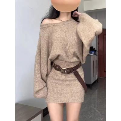 Autumn  Women Knitted Dress Mature Slash Neck Off Shoulder Long Sleeve High Waist Slim Mini Dresses Knitting Vestidos