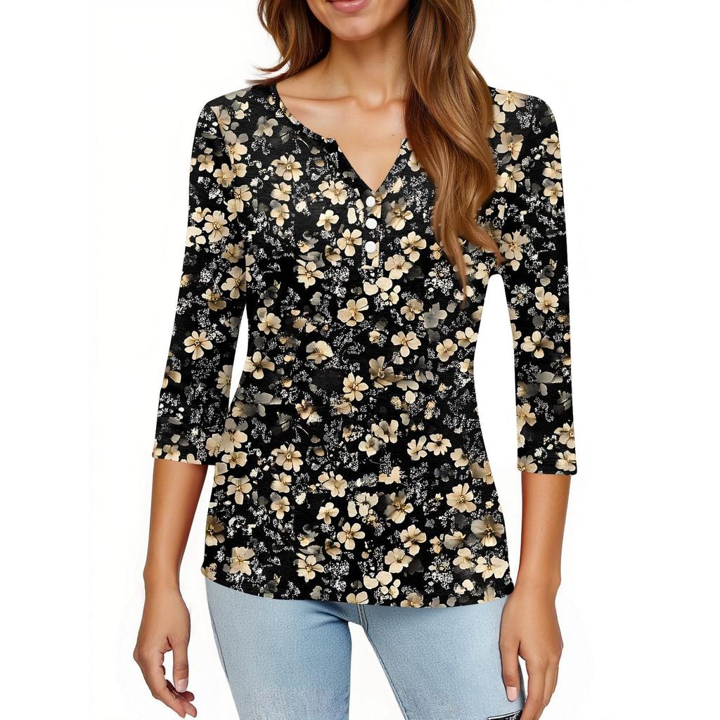 Women's T Shirt Print Button 3/4 Sleeve Daily Weekend Fashion Basic V- Neck Regular Top