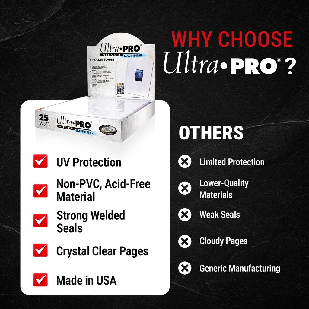 Ultra PRO - Silver Series 9-Pocket Trading Card Refill Pages, Standard Size, 3-Ring, High Durability, Non-PVC Material, Card Case Storage Sheets, 100-