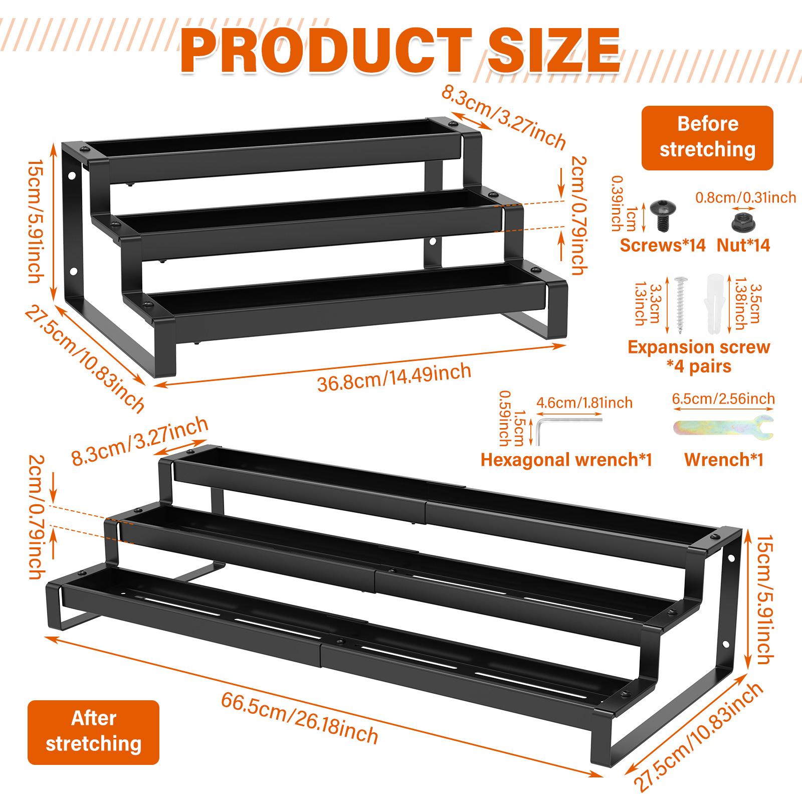 

3-ярусная расширяемая кухонная полка для хранения из углеродистой стали, полка для бутылок со специями с ограждением, телескопический органайзер для банок с приправами для дома 3 Tier